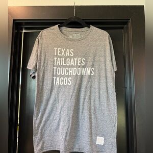 Gray Retro Beand tshirt size L with “Texas Tailgates Touchdowns Tacos”